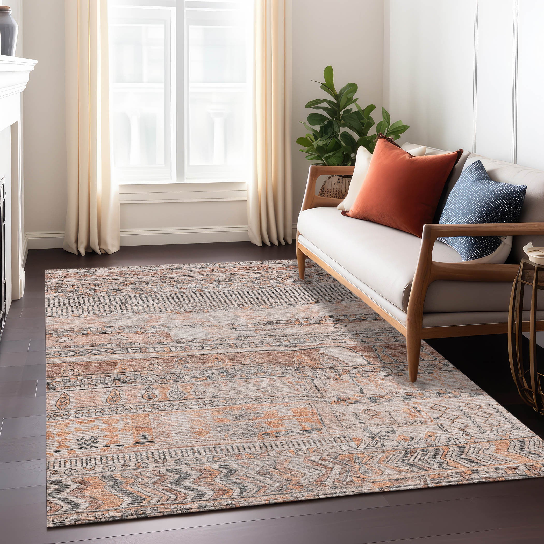 8' x 10' Terra Cotta & Gray Striped Washable Indoor/Outdoor Area Rug