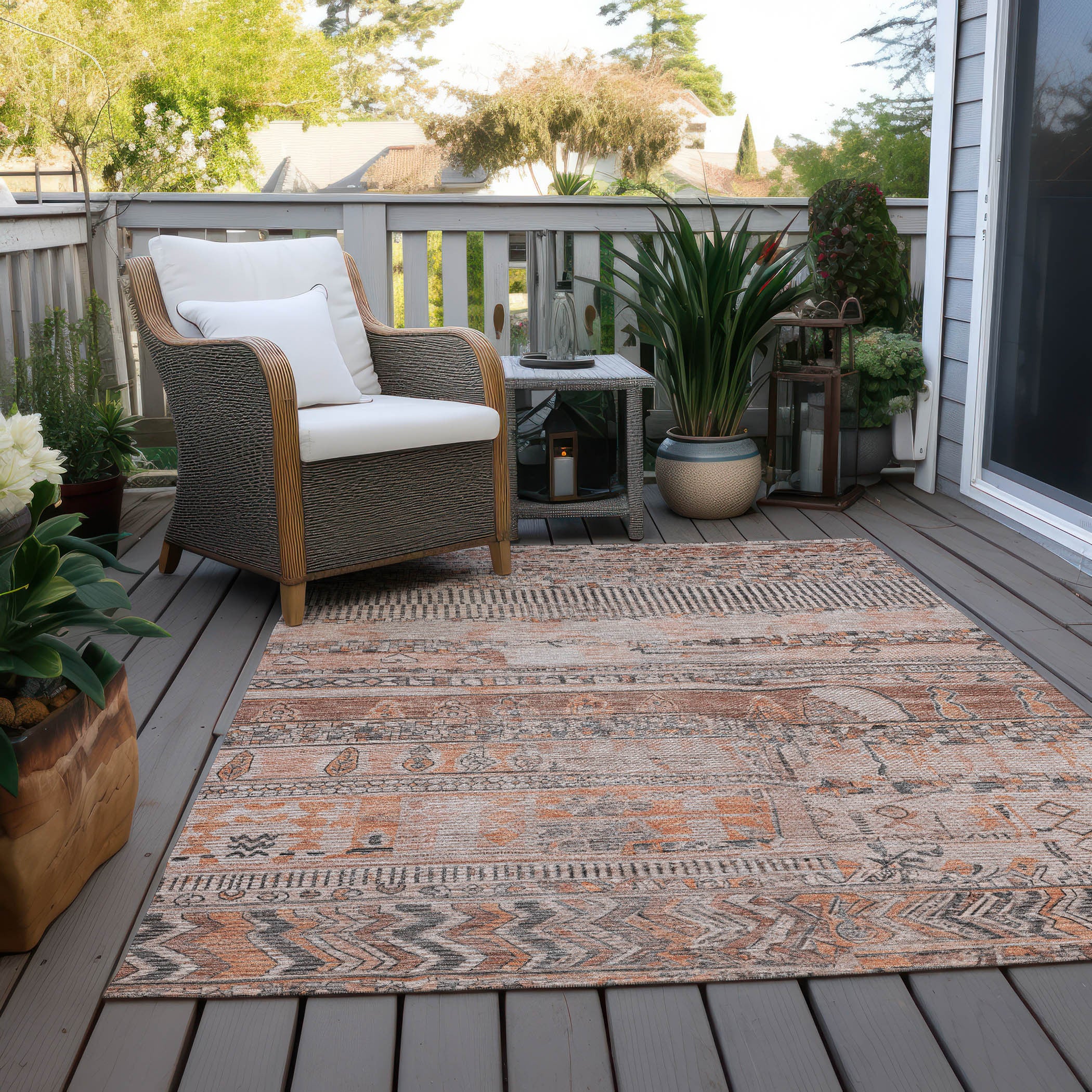 8' x 10' Terra Cotta & Gray Striped Washable Indoor/Outdoor Area Rug