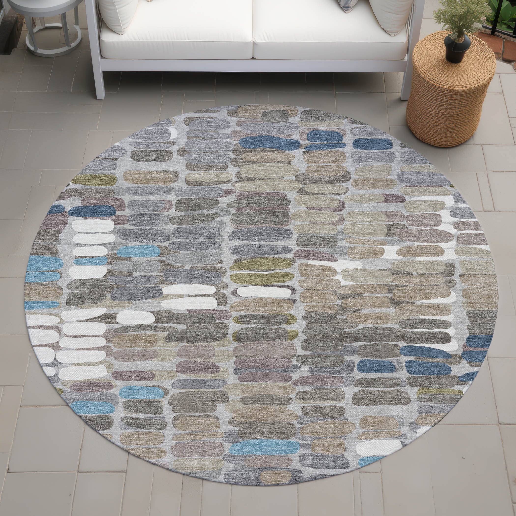 8' Round Abstract Washable Indoor/Outdoor Area Rug