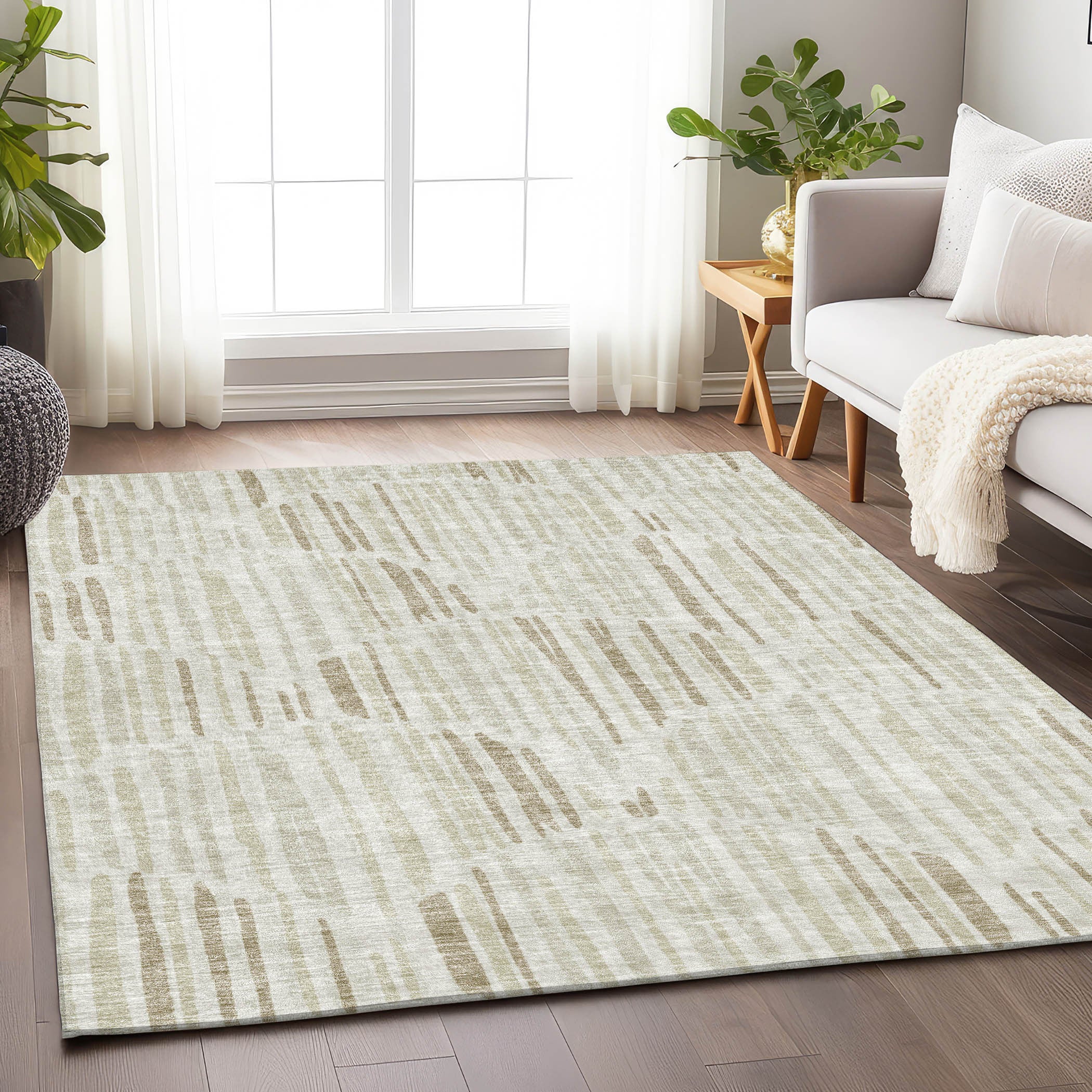 9' x 12' Ivory & Beige Abstract Washable Area Rug with UV Protection
