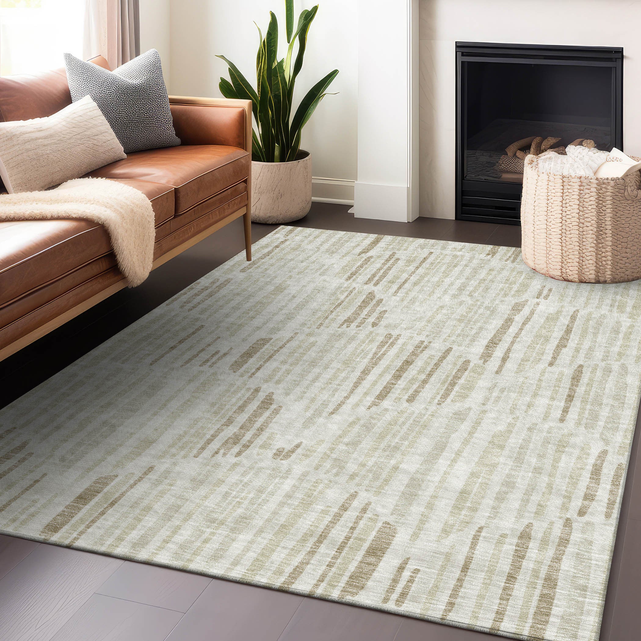 9' x 12' Ivory & Beige Abstract Washable Area Rug with UV Protection