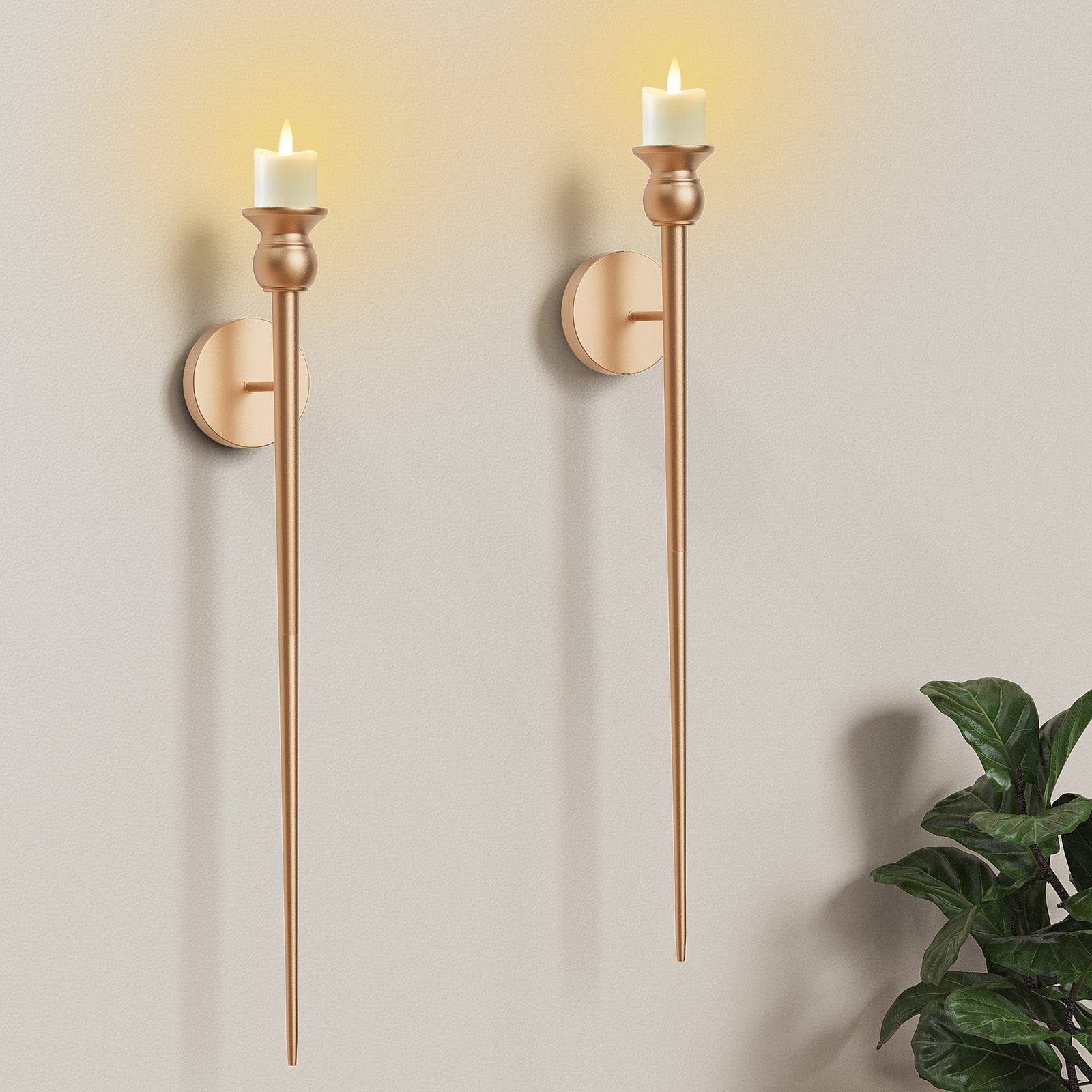 2-Pack Golden Candle Holder Torch Wall Light, Electronic Candle Wall Scone-2