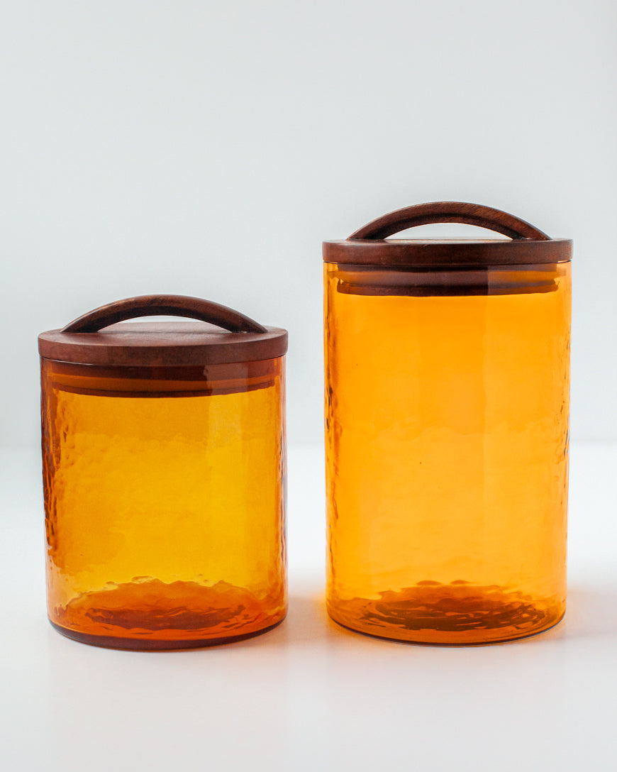 Handblown Hammered Glass Canisters with Wood Lid