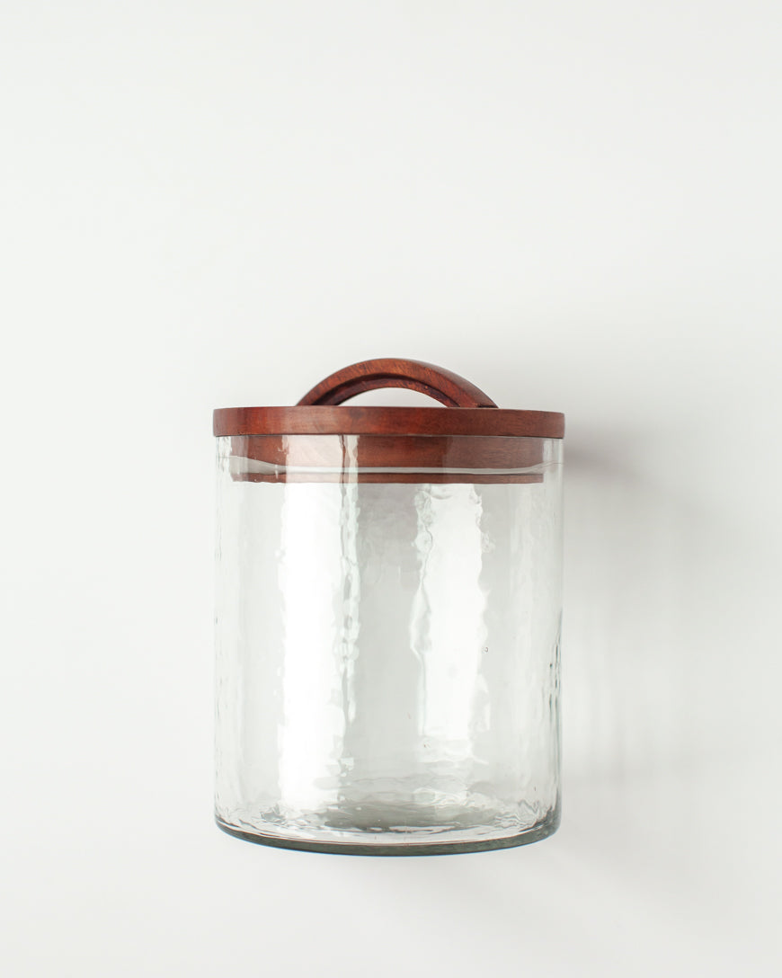 Handblown Hammered Glass Canisters with Wood Lid