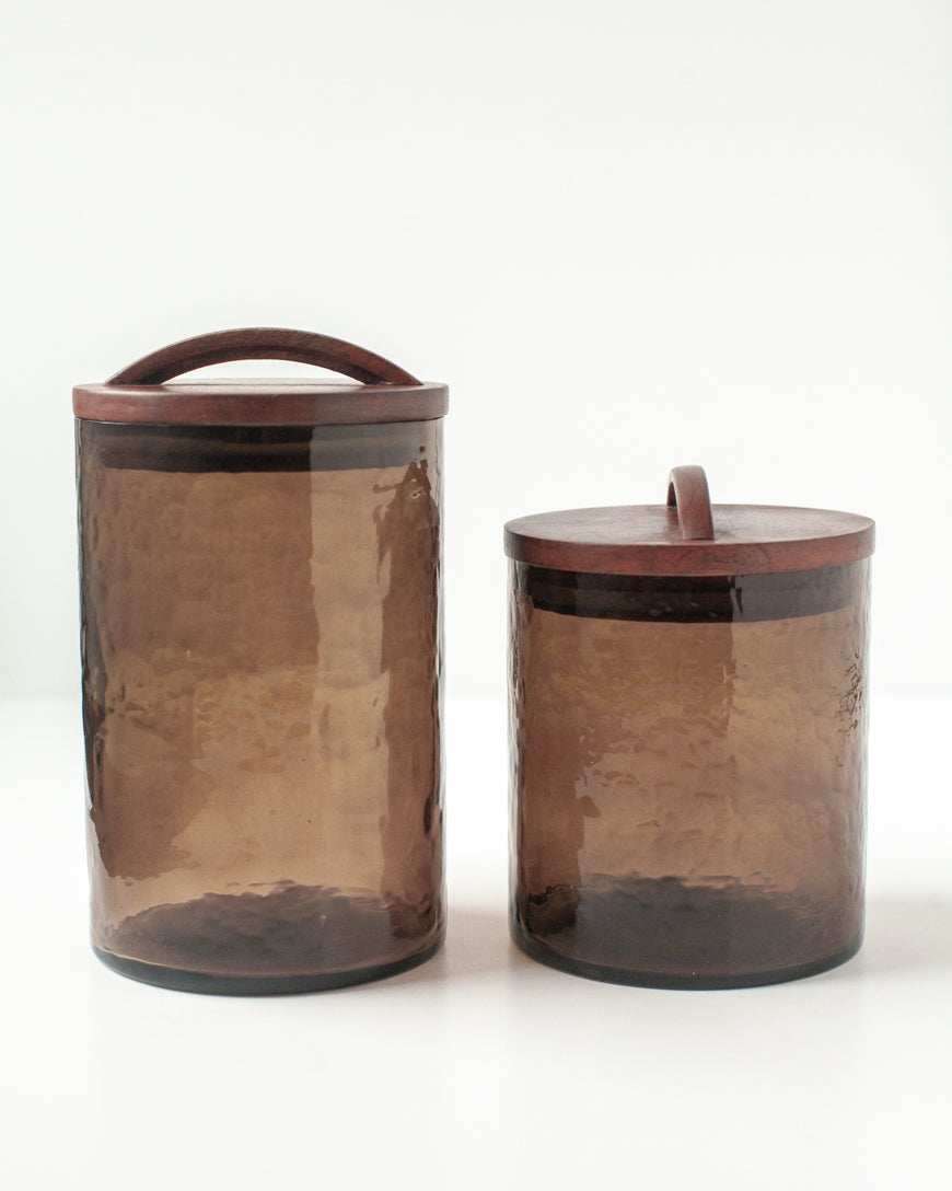 Handblown Hammered Glass Canisters with Wood Lid