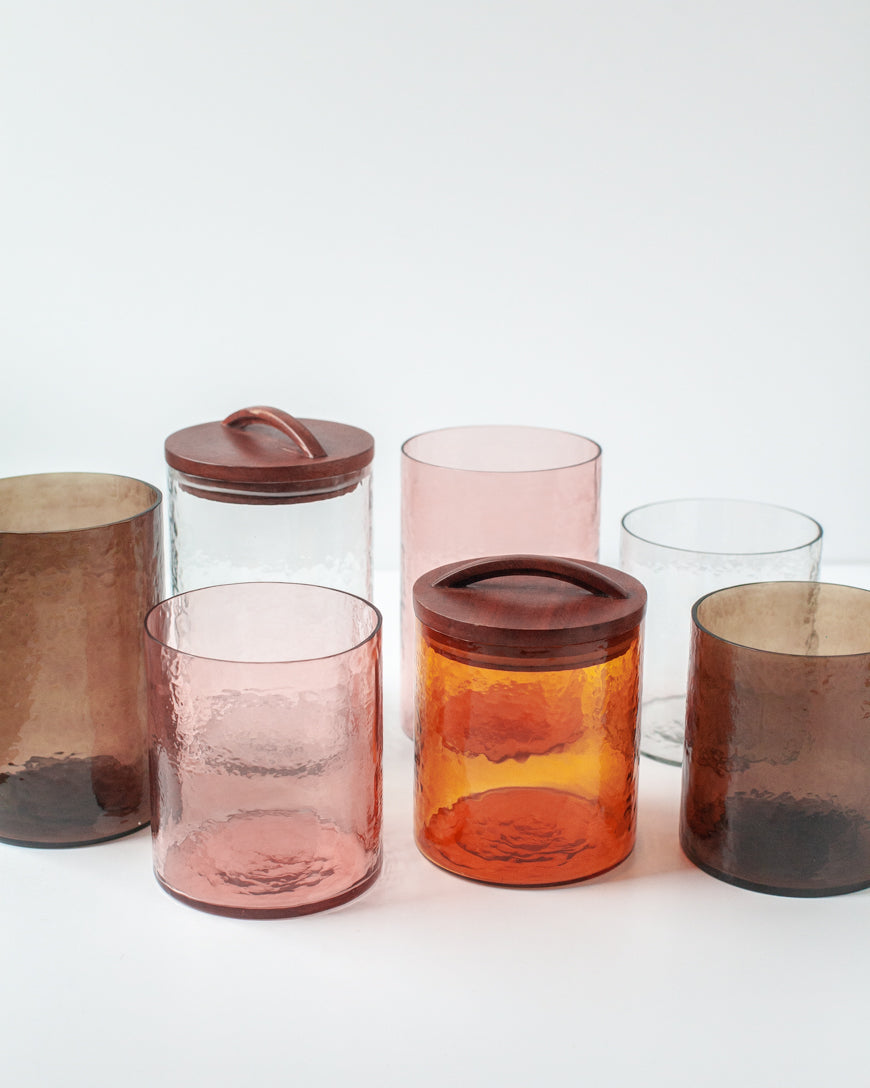 Handblown Hammered Glass Canisters with Wood Lid