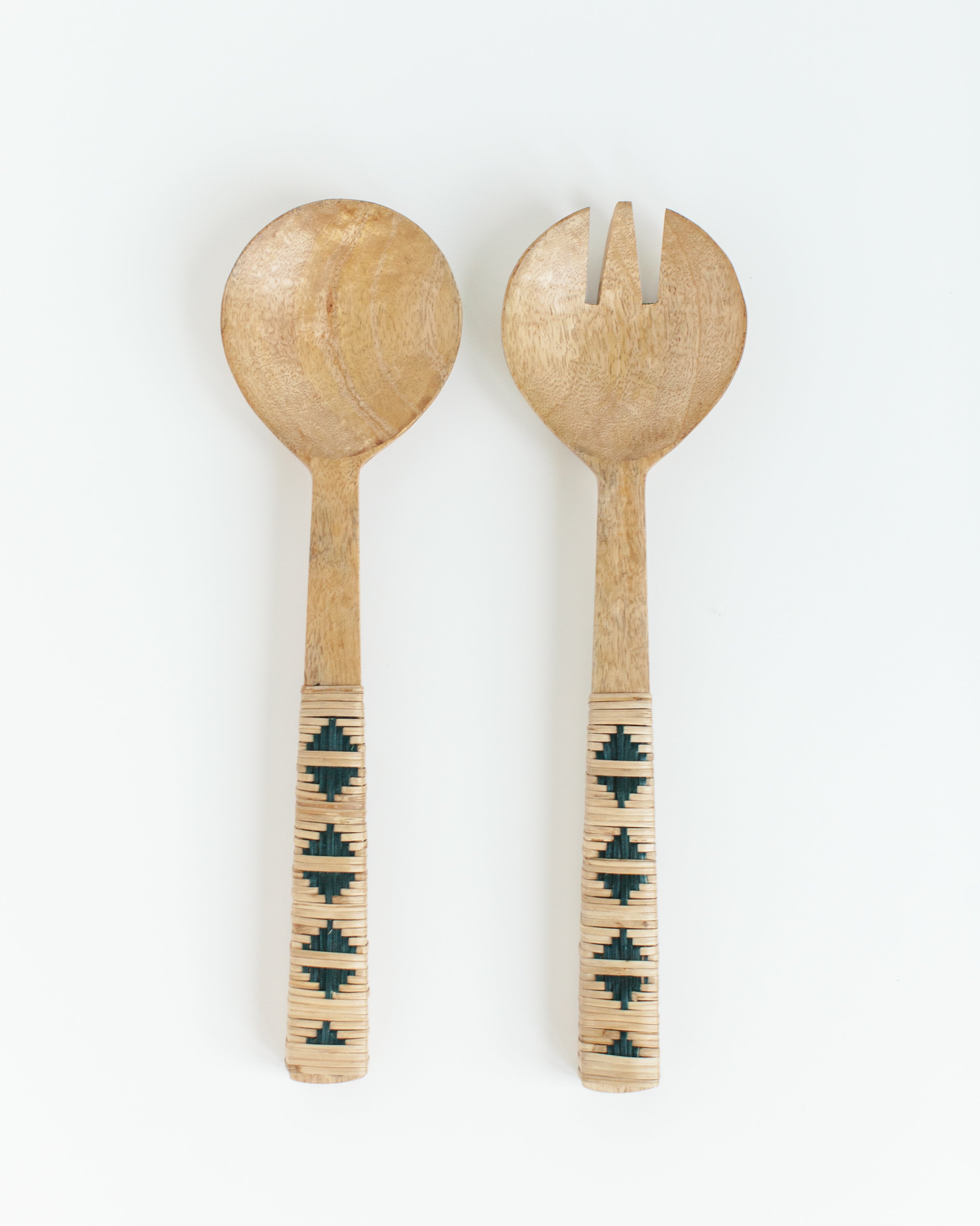Hand-Carved Geo Woven Mango Wood Salad Servers