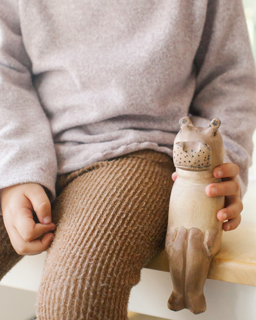 Hand-carved Artisan Hippo Wooden Shelf Sitter
