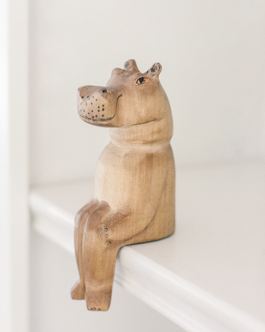 Hand-carved Artisan Hippo Wooden Shelf Sitter