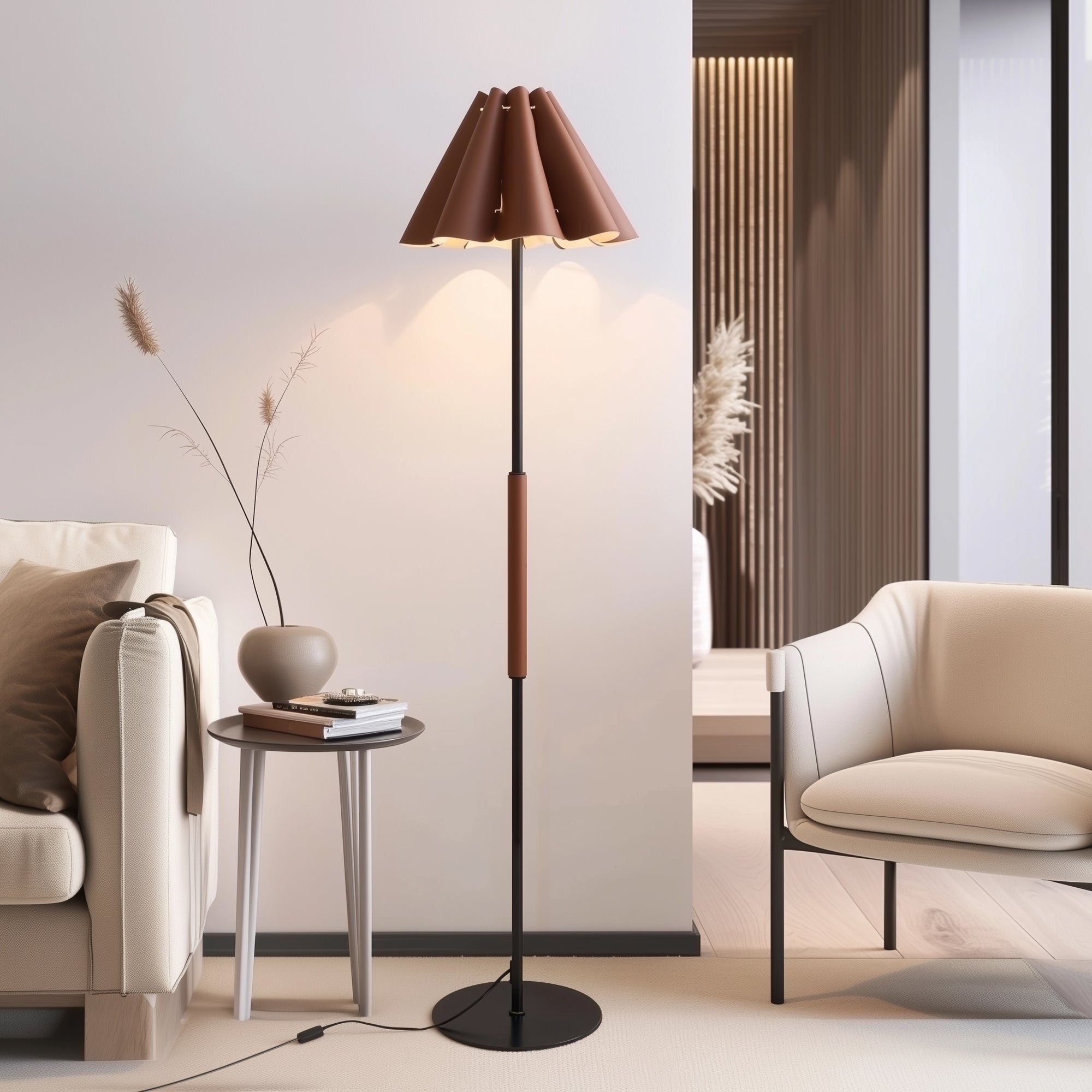 Floor Lamp with Leather Lampshade-1