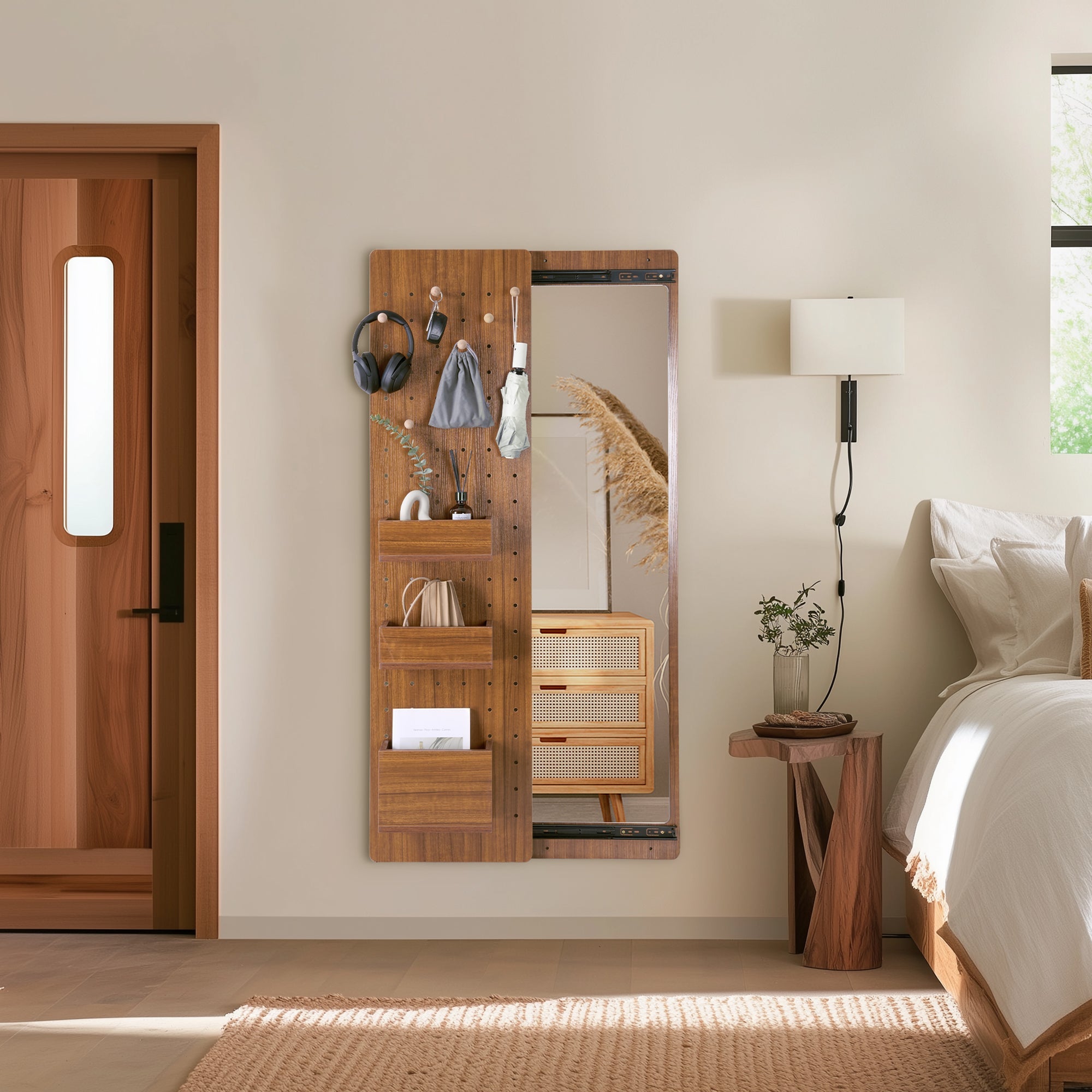 Walnut Pegboard Storage Dressing Mirror Cabinet-4