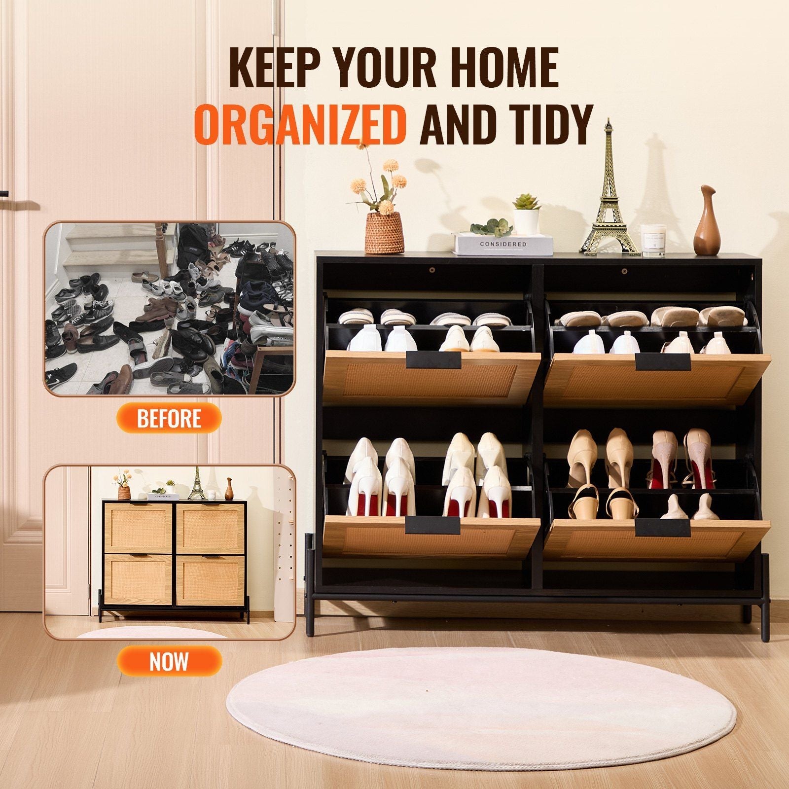 Rattan Shoe Cabinet – Narrow 4-Drawer Flip Storage Organizer