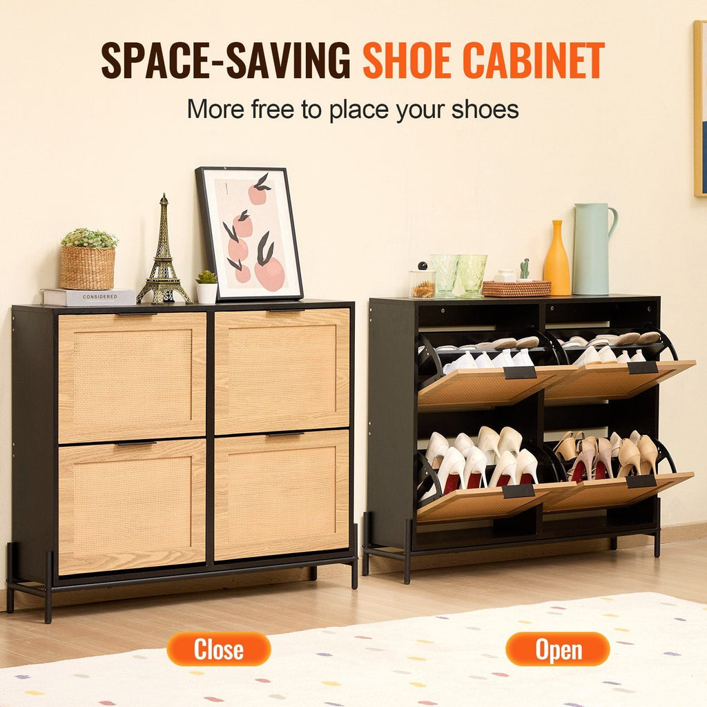 Rattan Shoe Cabinet – Narrow 4-Drawer Flip Storage Organizer