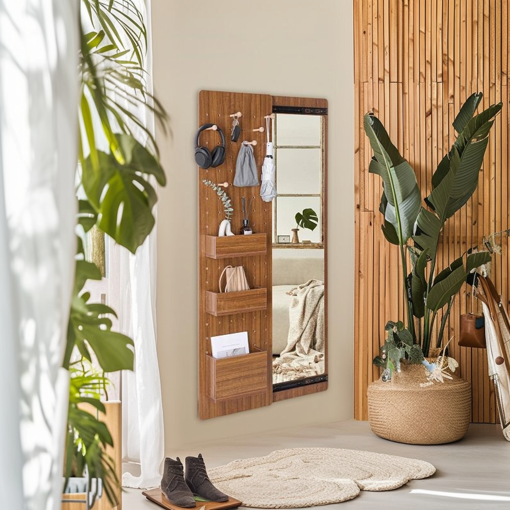 Walnut Pegboard Storage Dressing Mirror Cabinet-3