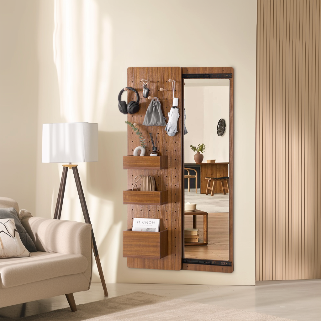 Walnut Pegboard Storage Dressing Mirror Cabinet-2