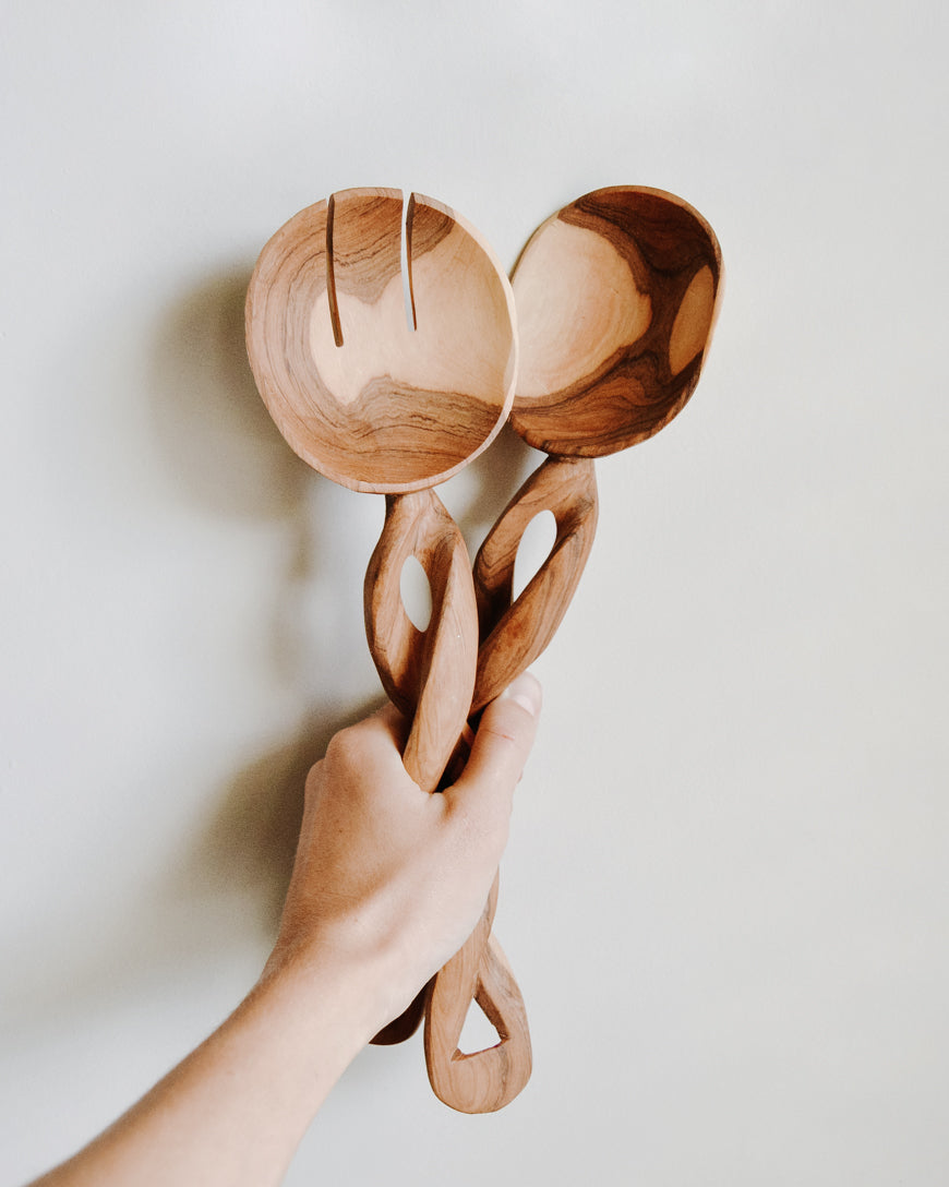 Spiral Elegance – Hand-Carved Olive Wood Salad Servers