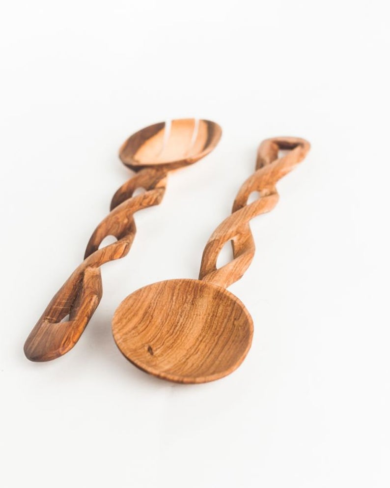 Spiral Elegance – Hand-Carved Olive Wood Salad Servers