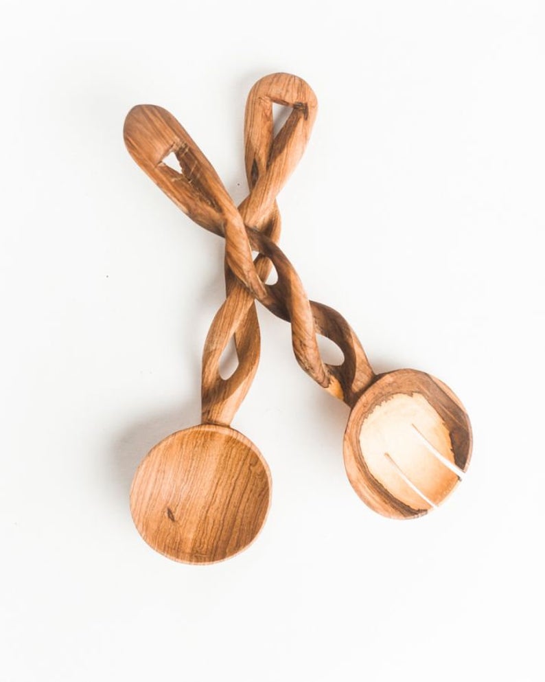 Spiral Elegance – Hand-Carved Olive Wood Salad Servers