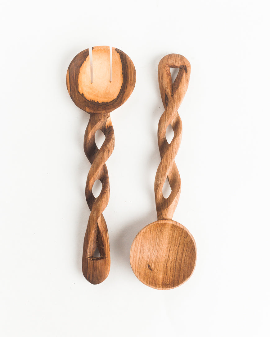 Spiral Elegance – Hand-Carved Olive Wood Salad Servers